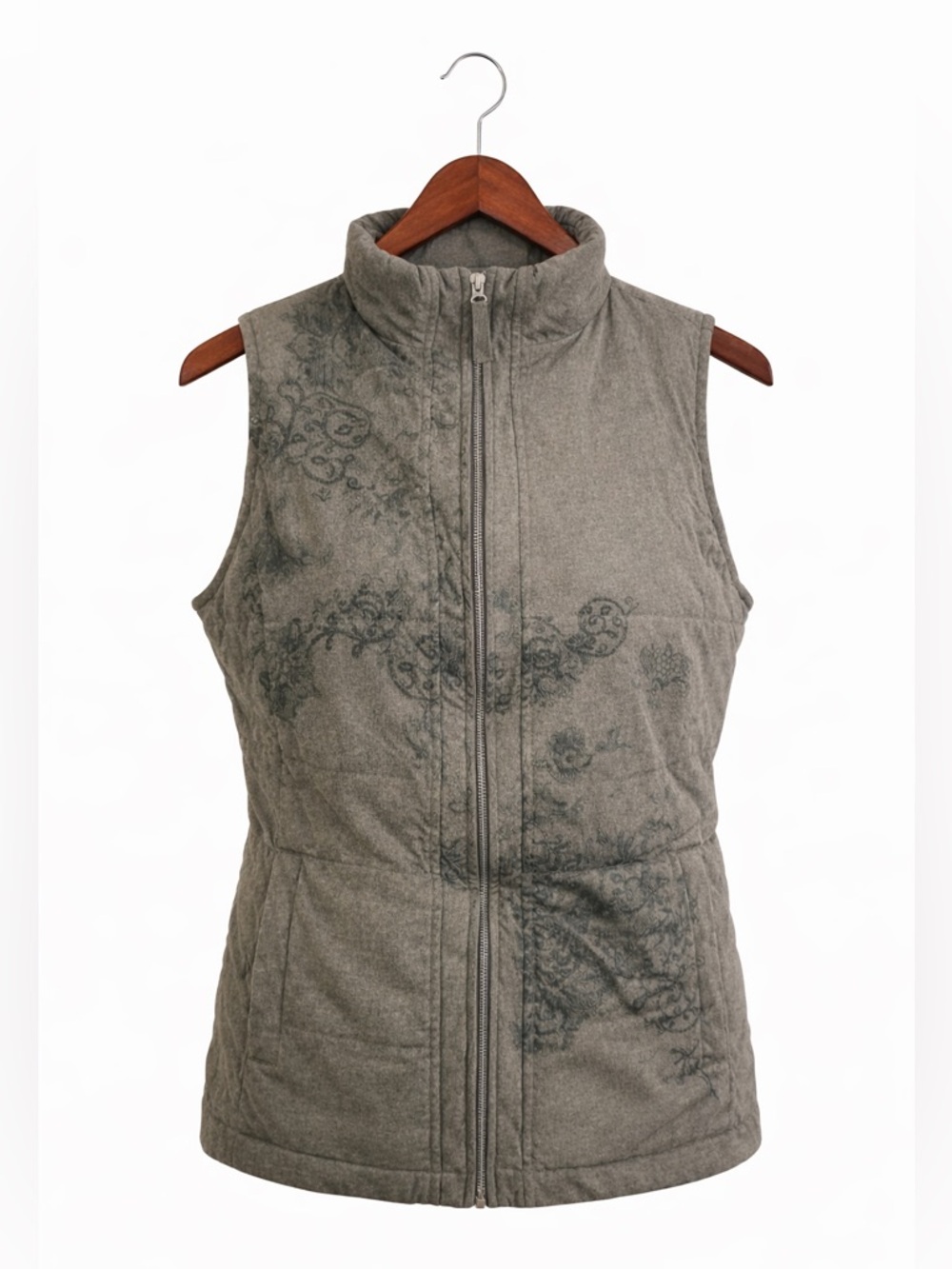 Christopher & Banks Quilted Vest Olive Green Floral Zip Front Large Cozy Layer